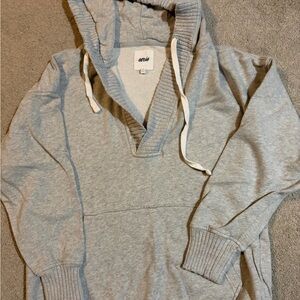 Aerie Light Gray V-Neck Hoodie Sweater